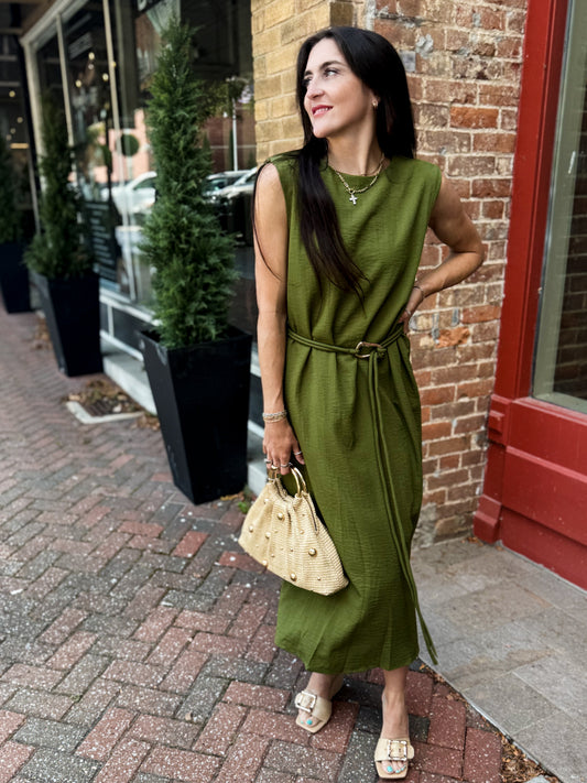 Sage Belted Midi Dress