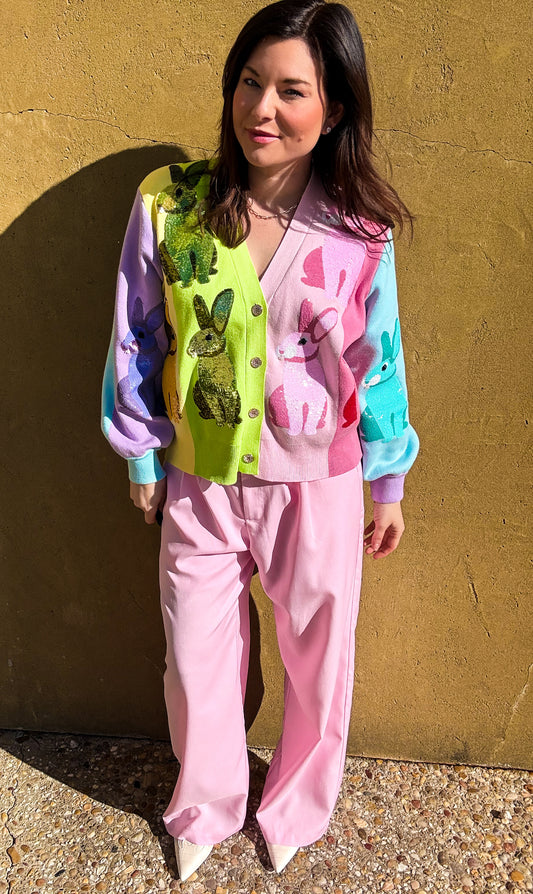 Rainbow Colorblock Easter Bunny Cardigan