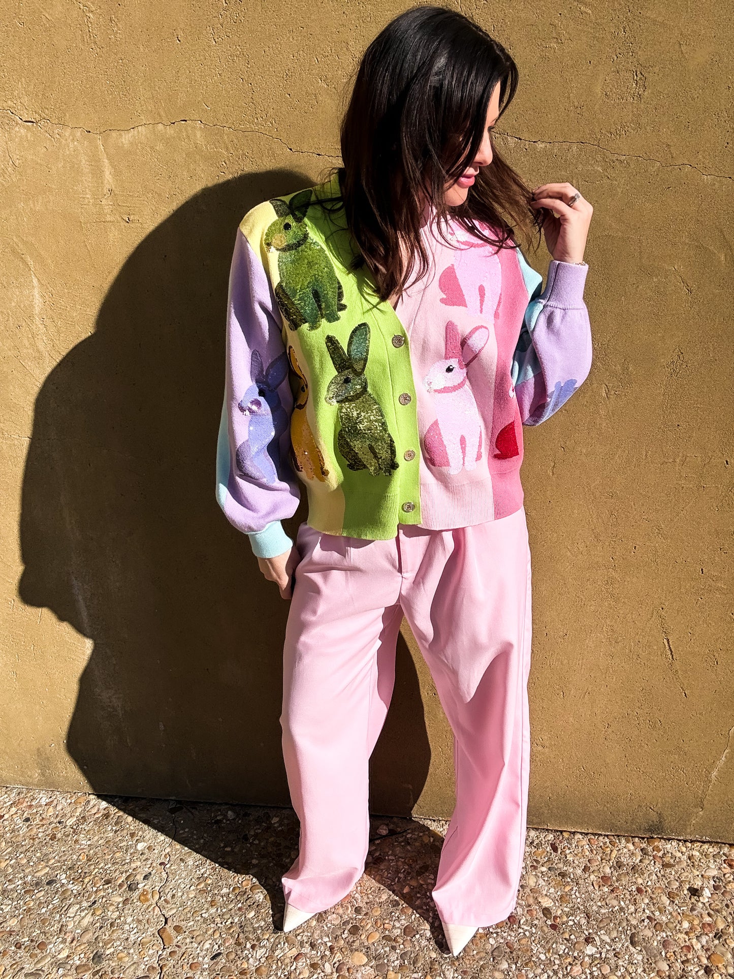 Rainbow Colorblock Easter Bunny Cardigan