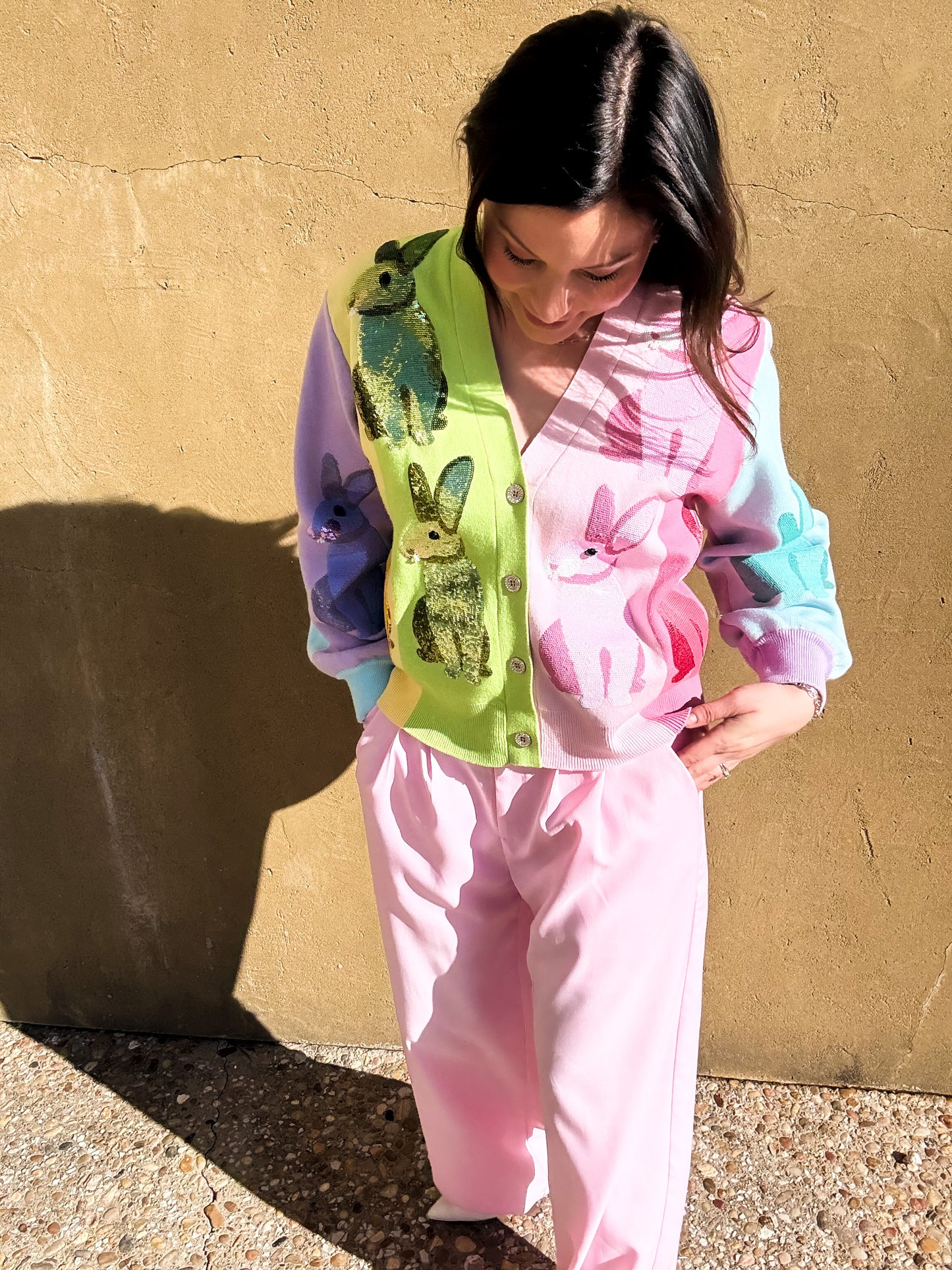 Rainbow Colorblock Easter Bunny Cardigan