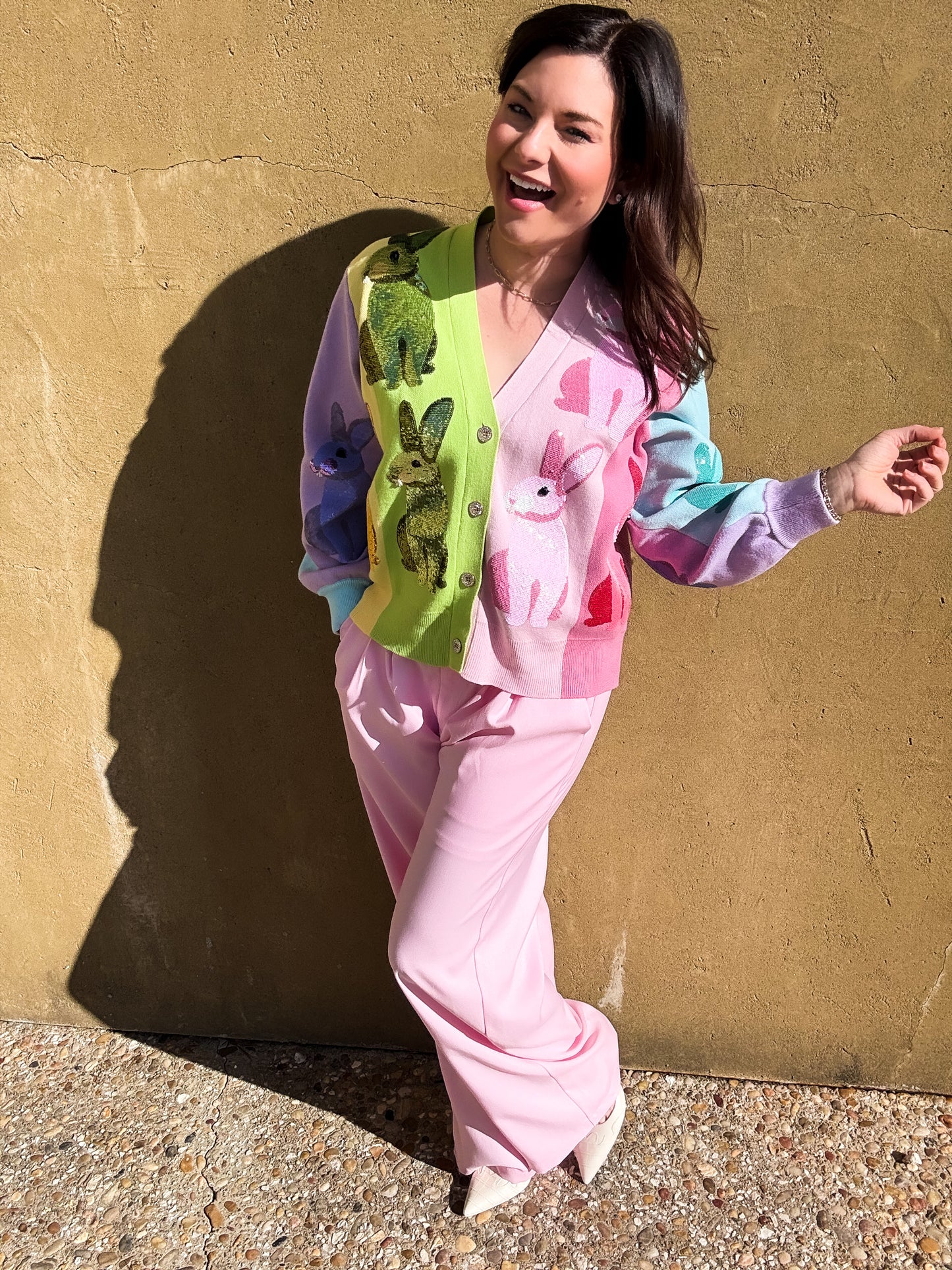 Rainbow Colorblock Easter Bunny Cardigan