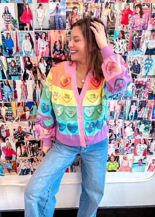 Conversation Heart Rainbow Striped Cardigan