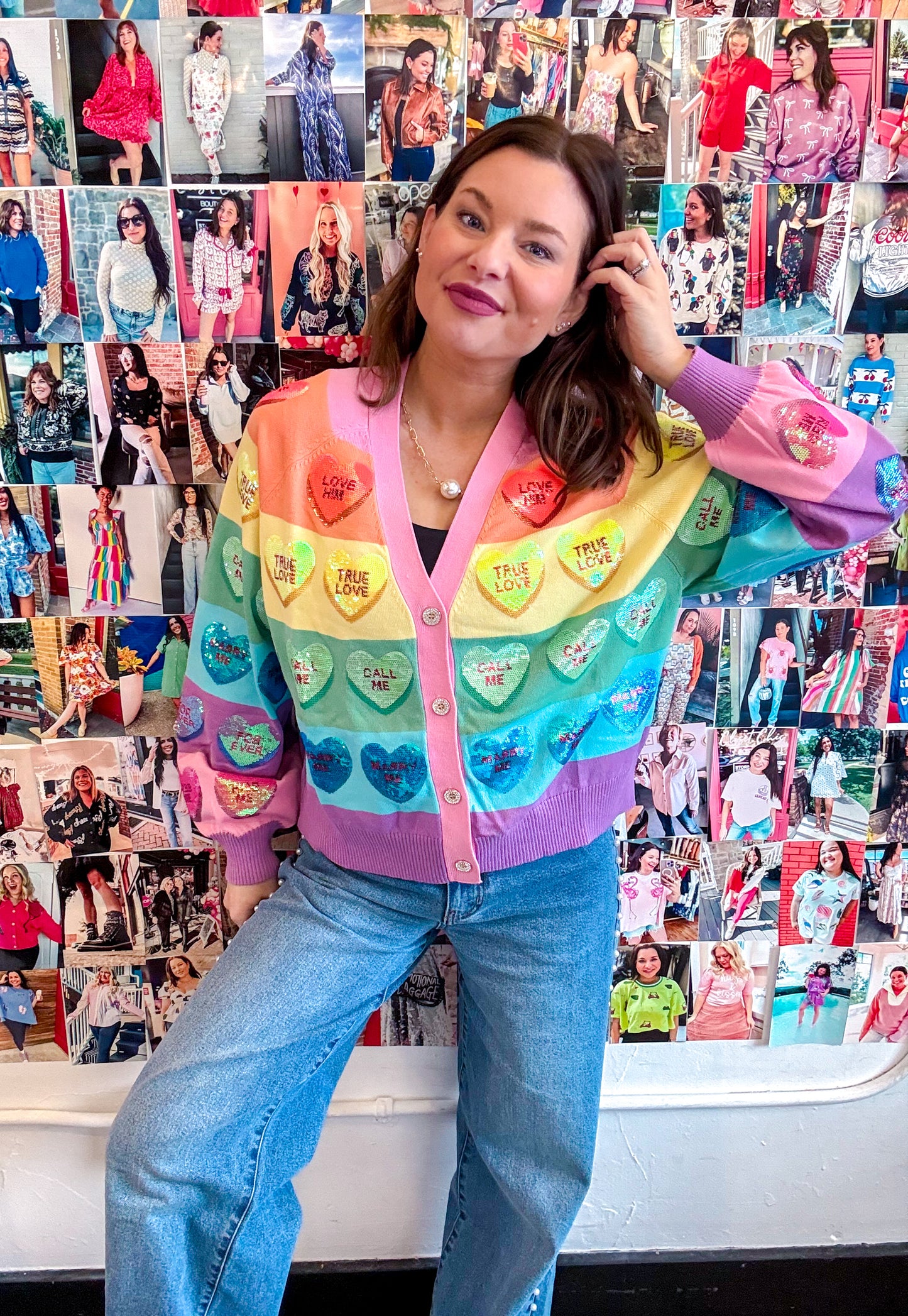 Conversation Heart Rainbow Striped Cardigan