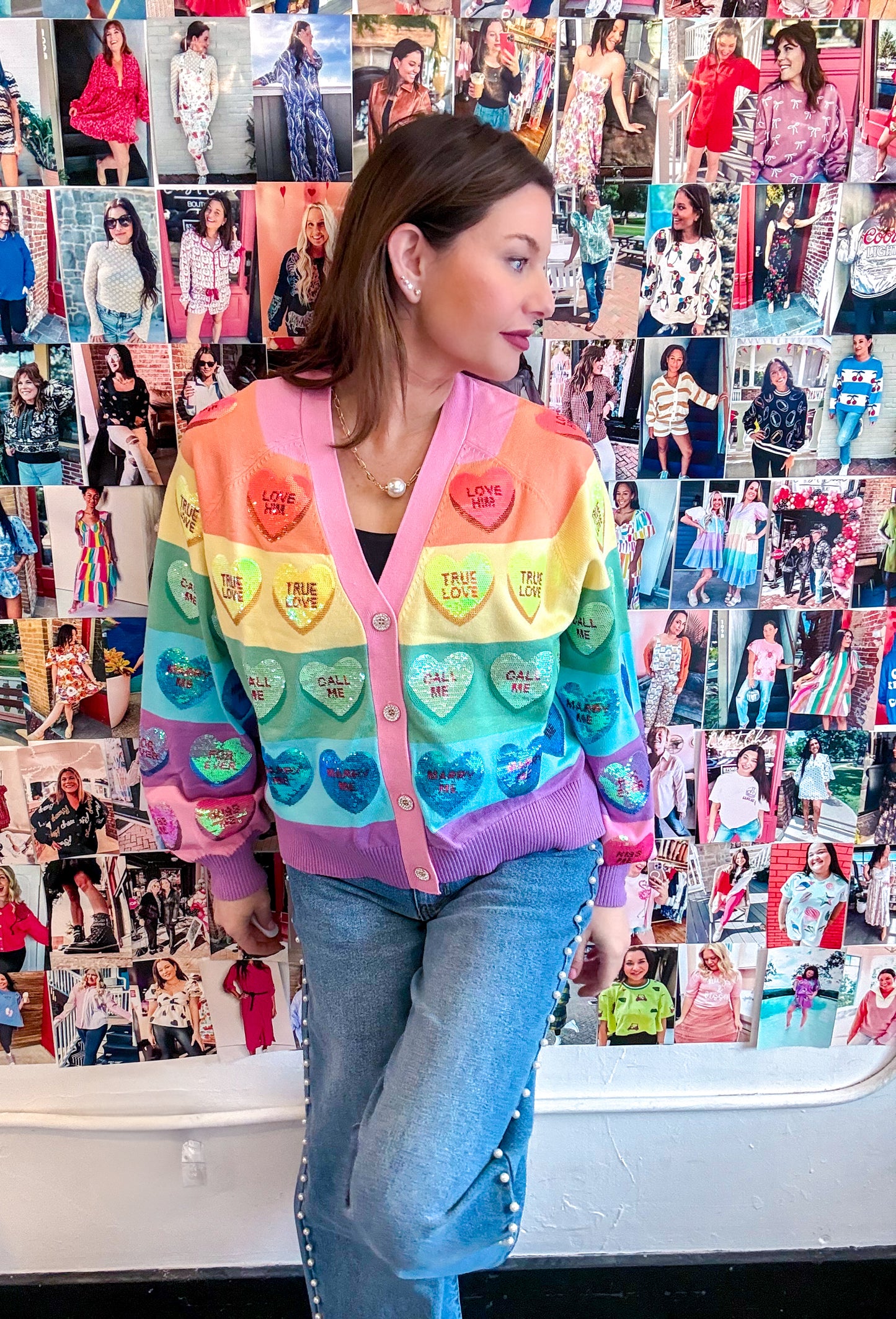 Conversation Heart Rainbow Striped Cardigan