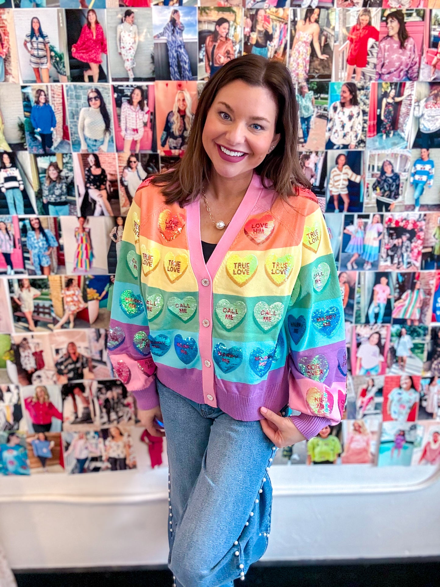 Conversation Heart Rainbow Striped Cardigan