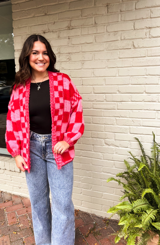 Bubblegum Cherry Oversized Checked Cardigan