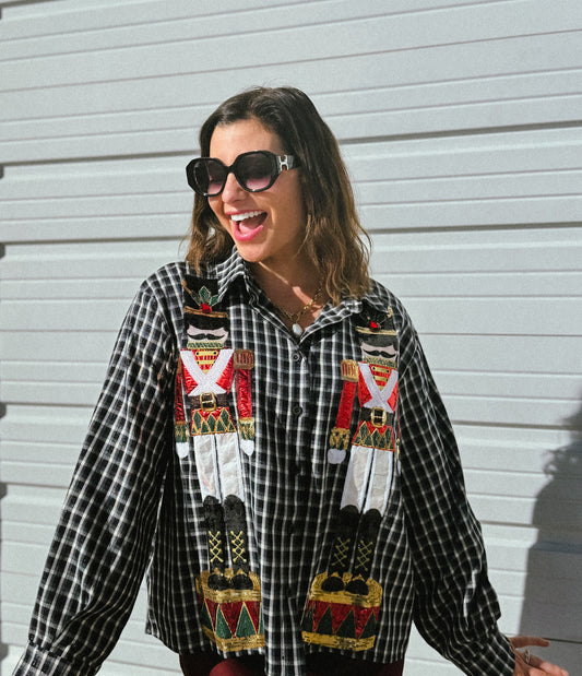 Black & White Plaid Nutcracker Button Up Top