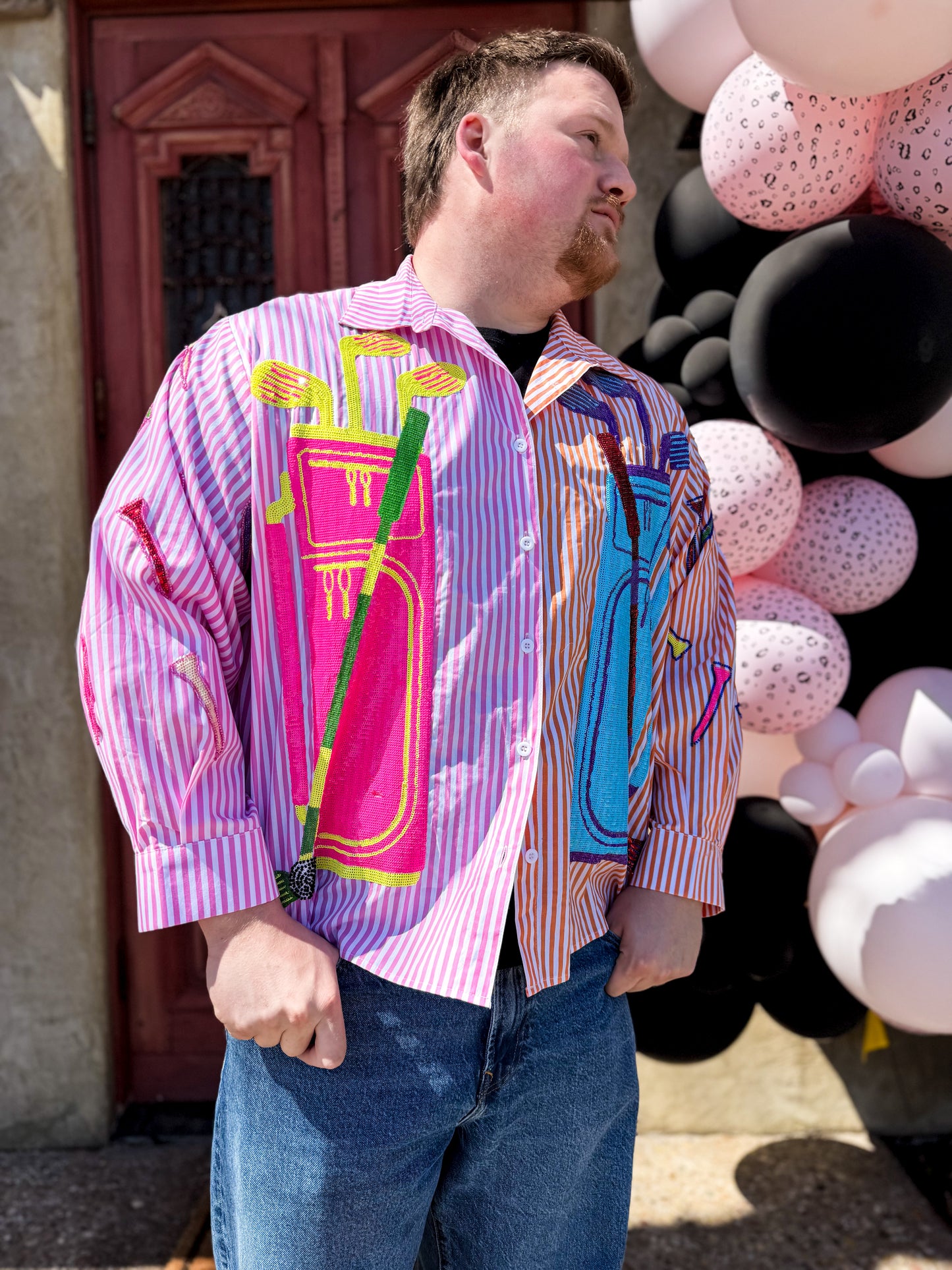 Pink & Orange Striped Colorblock Golf Club Button Up