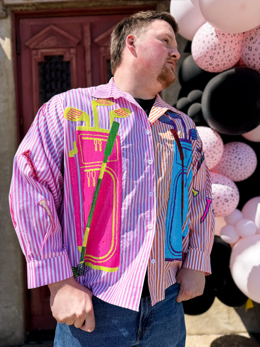 Pink & Orange Striped Colorblock Golf Club Button Up