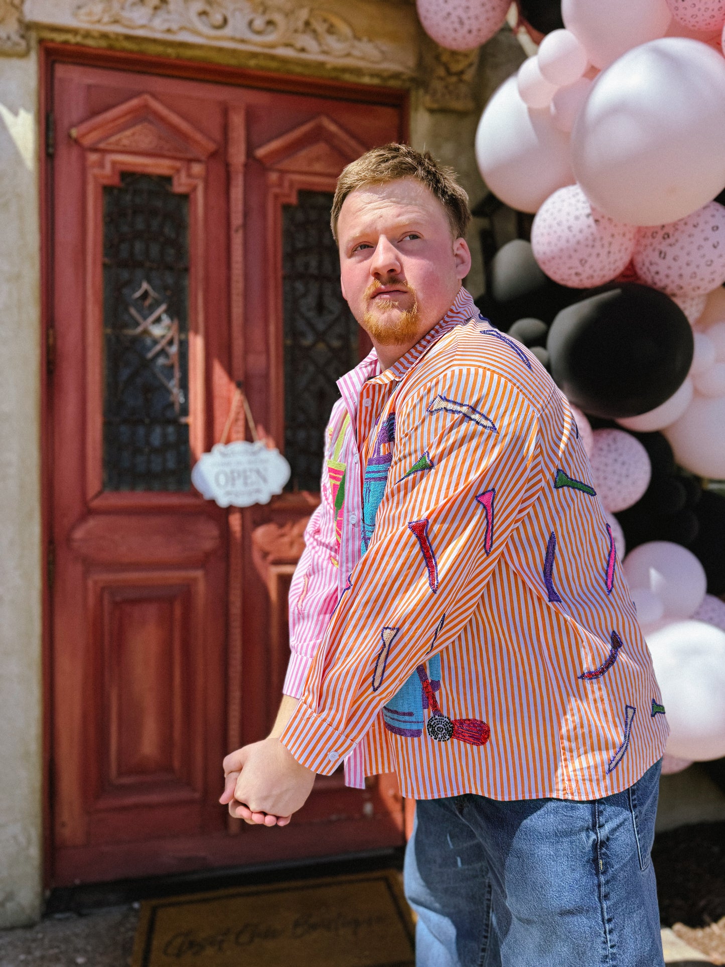 Pink & Orange Striped Colorblock Golf Club Button Up