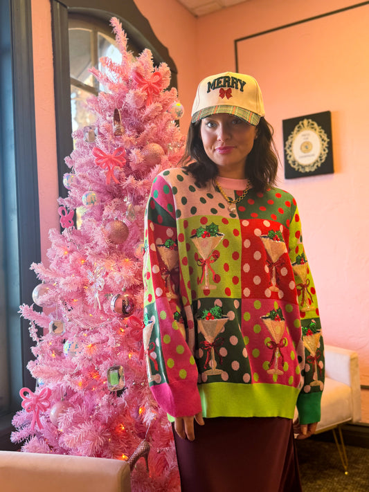 Rainbow Colorblock Polka Dot Christmas Martini Sweater