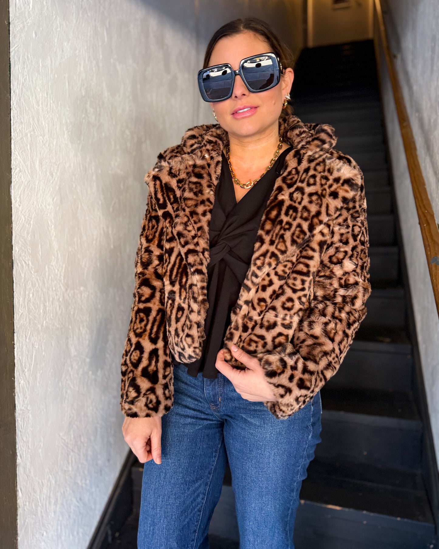 Short Leopard Faux Fur Jacket