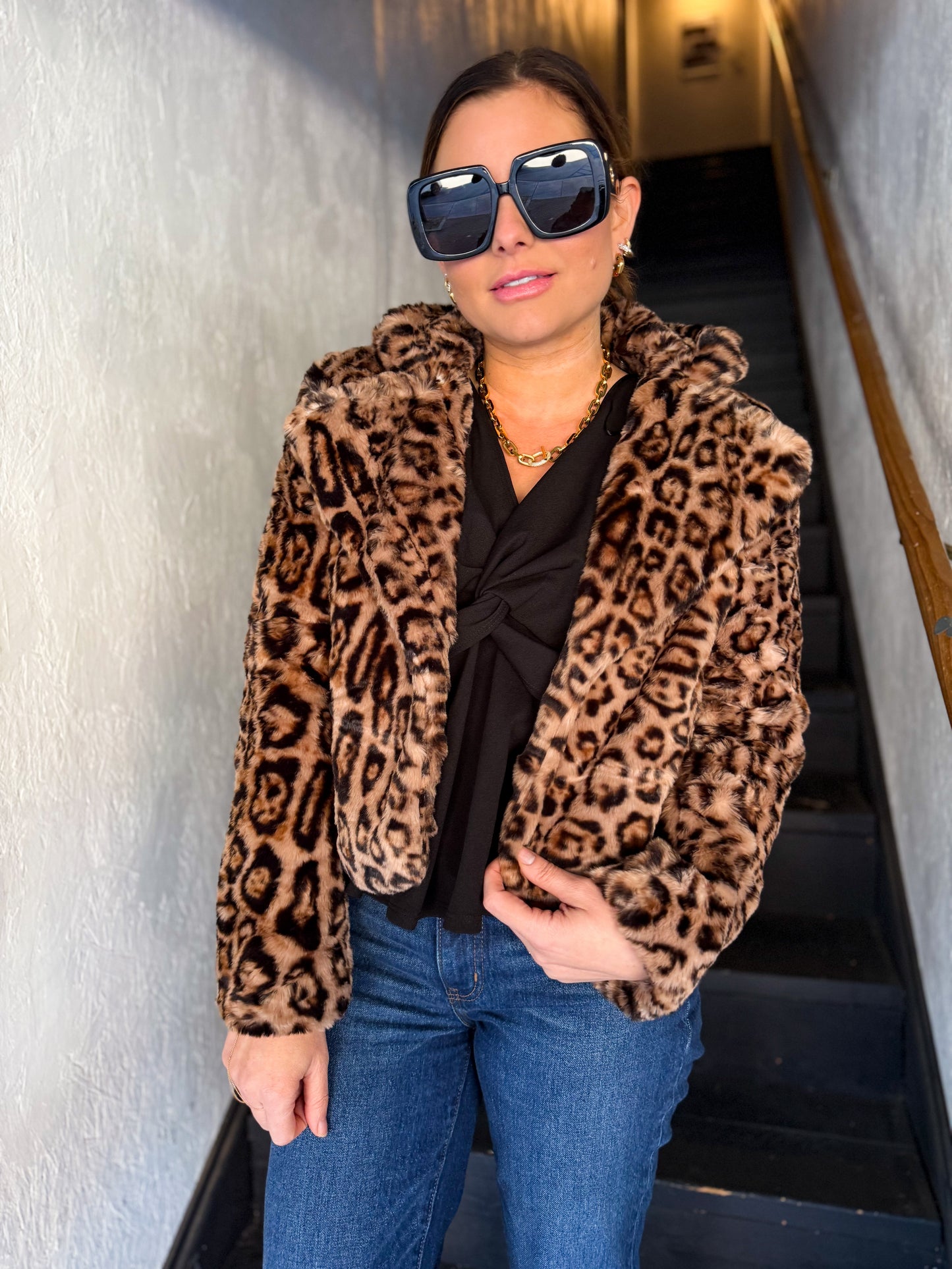 Short Leopard Faux Fur Jacket