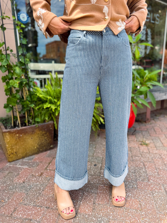 Denim Pinstripe Wide Cuff Pants