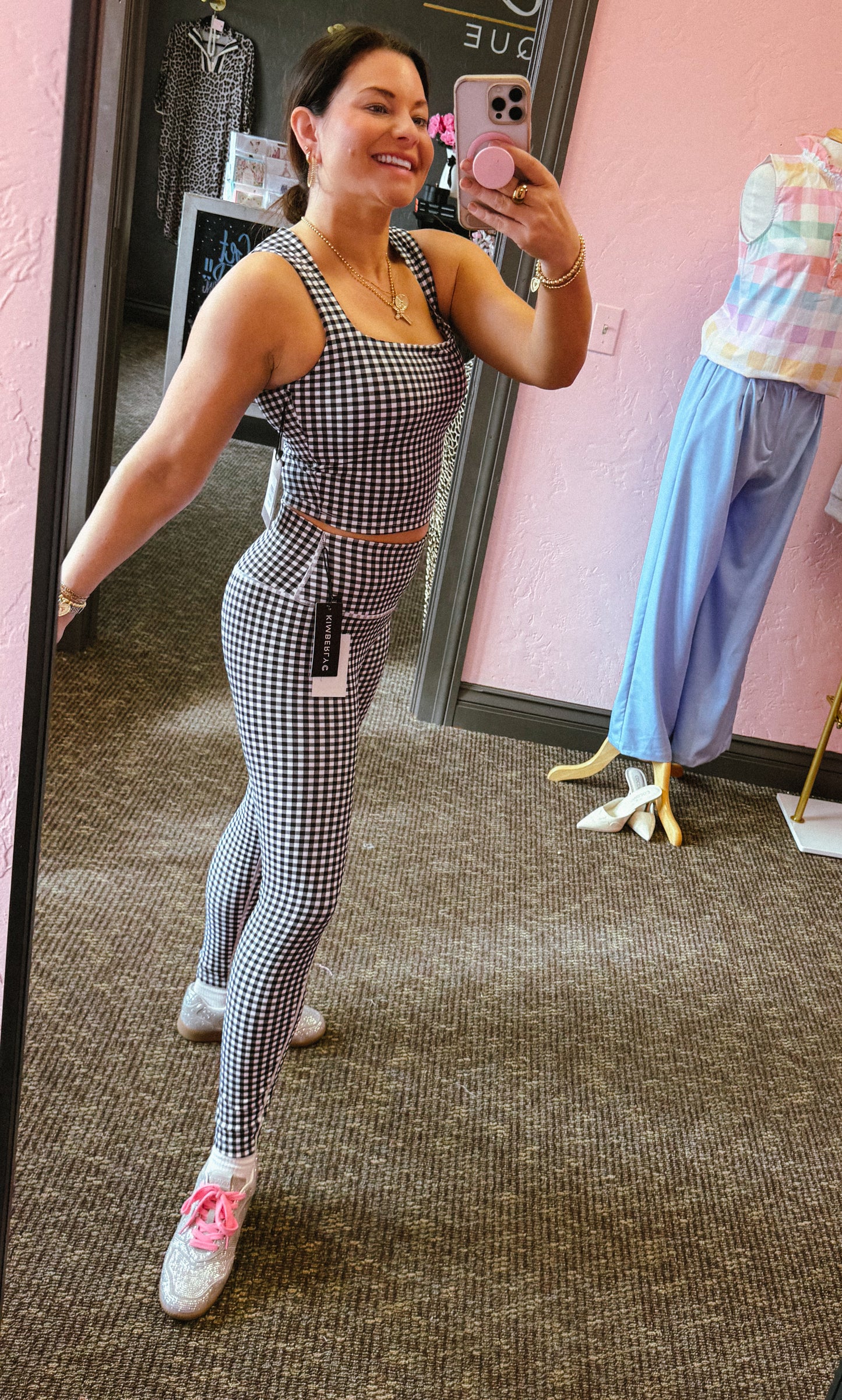 Black Gingham Print Wide Strap Fitted Tank