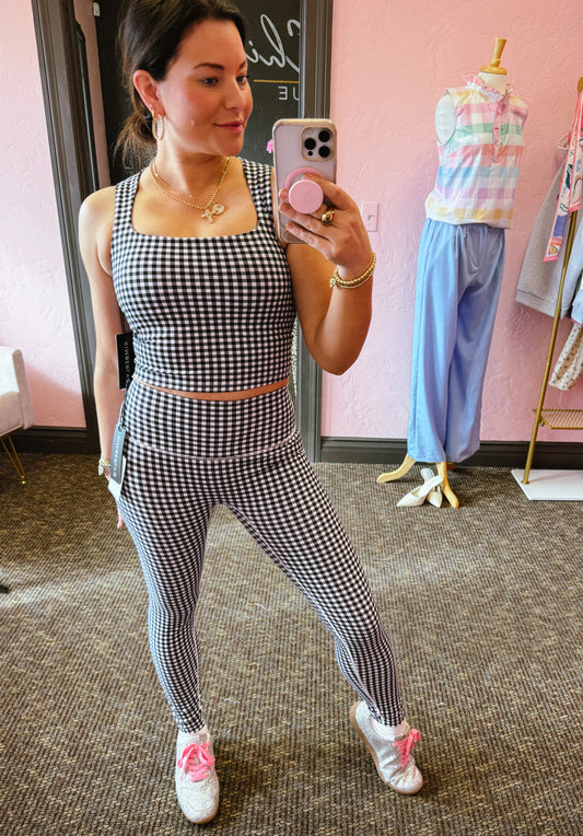 Black Gingham Print Wide Strap Fitted Tank