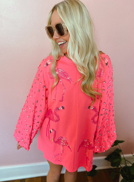 Neon Pink Flamingo Rhinestone Sleeve Dress