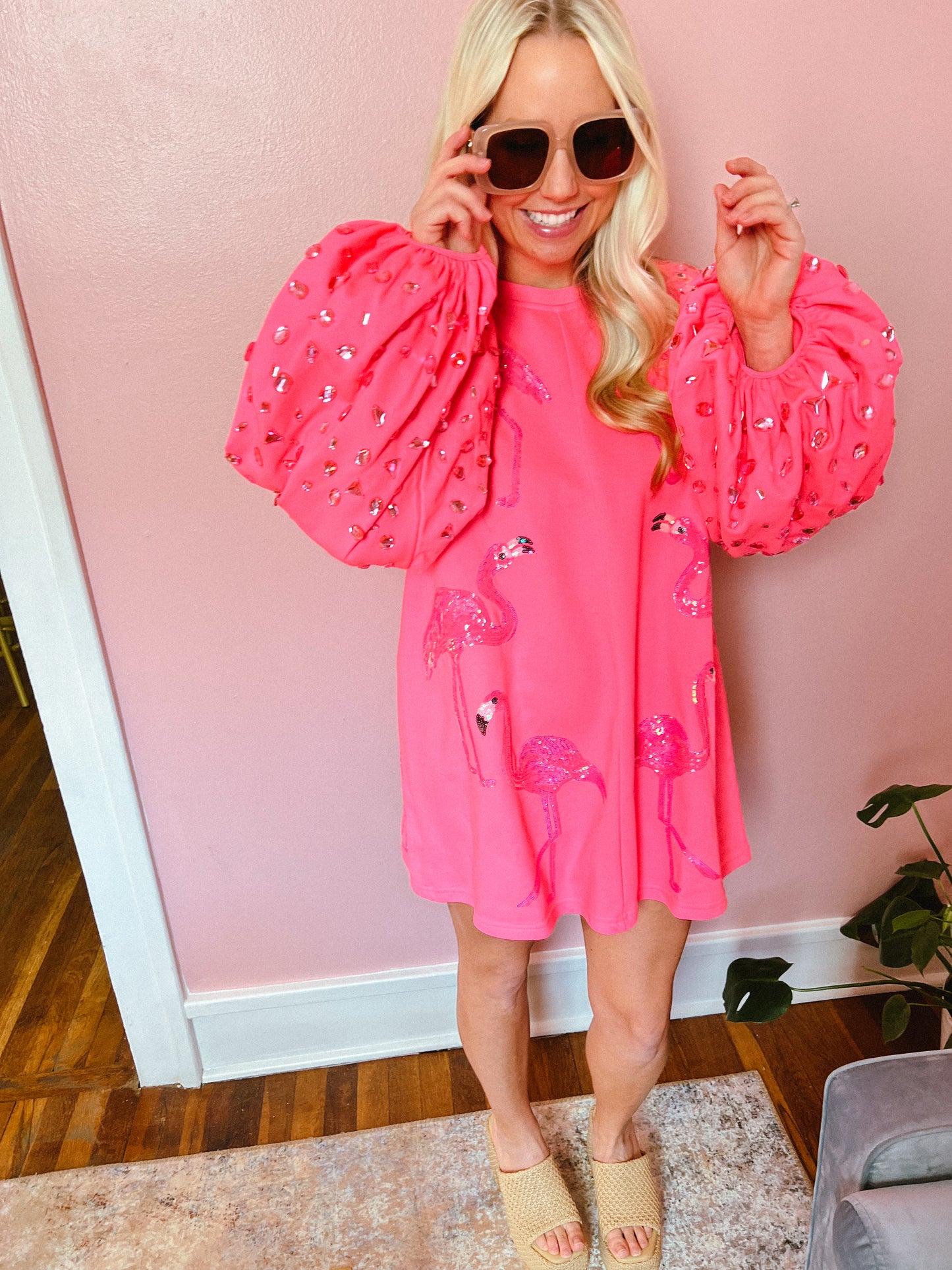 Neon Pink Flamingo Rhinestone Sleeve Dress