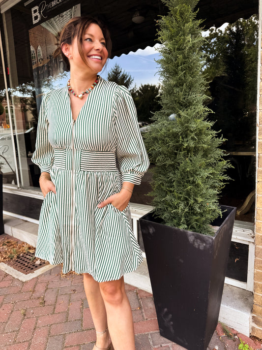 Evergreen Pinstripe Mini Dress