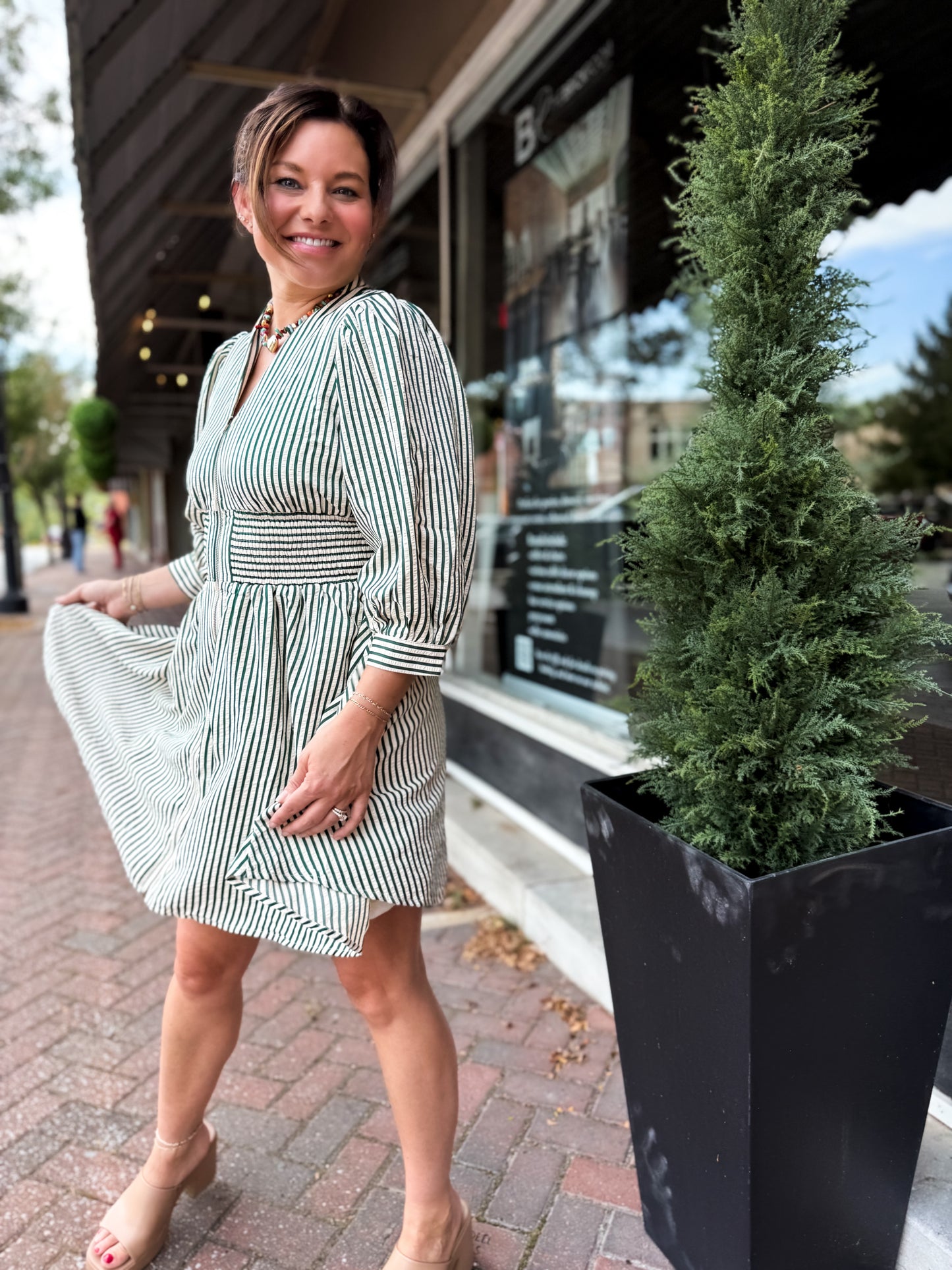 Evergreen Pinstripe Mini Dress