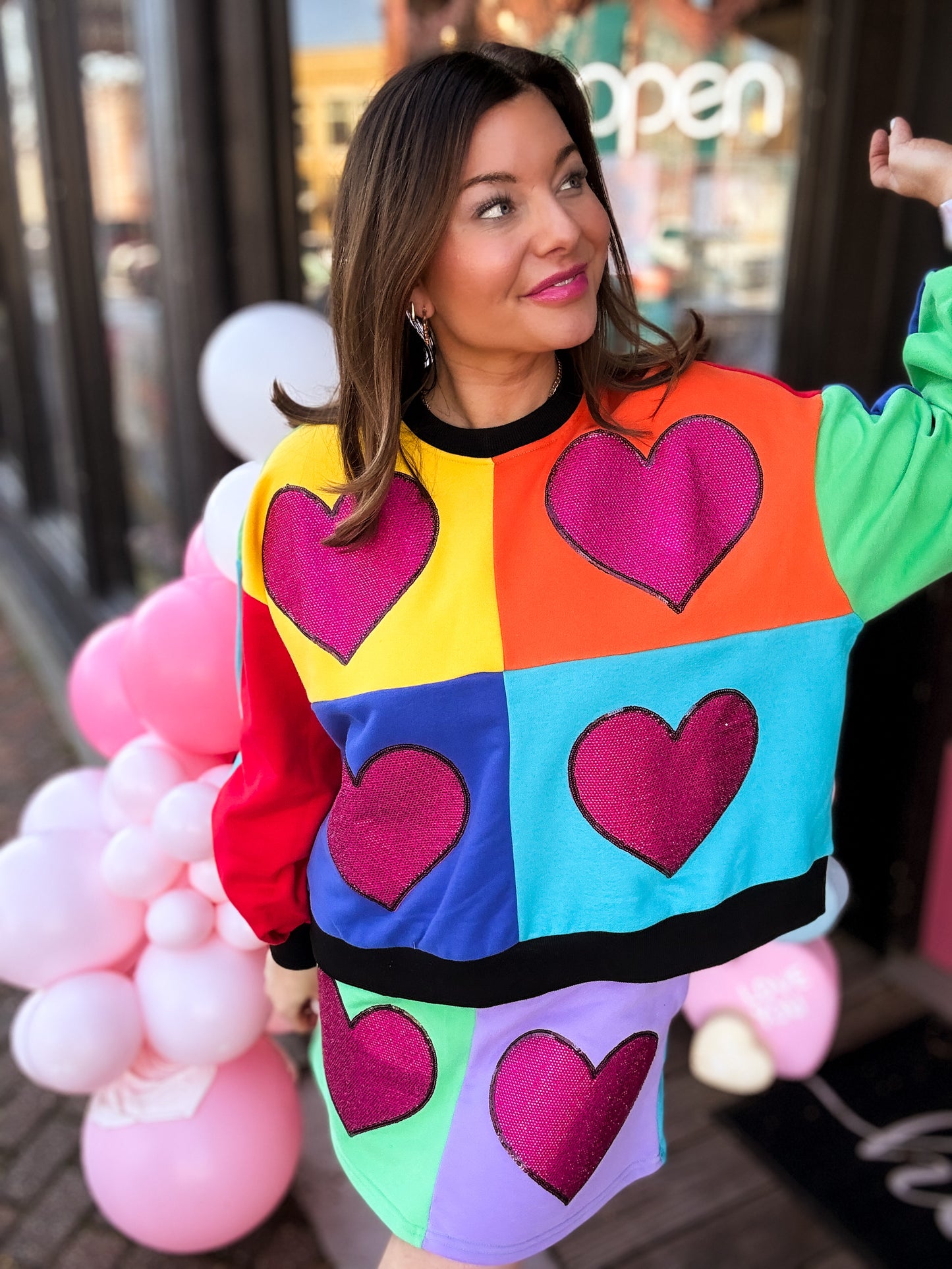 Rainbow Colorblock Rhinestone Heart Sweatshirt