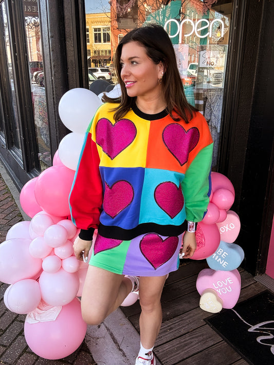 Rainbow Colorblock Rhinestone Heart Sweatshirt