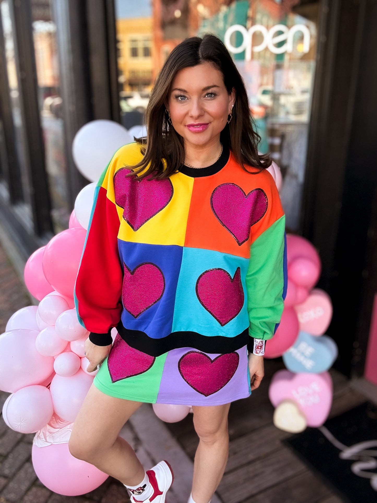 Rainbow Colorblock Rhinestone Heart Sweatshirt