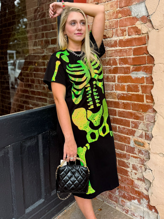 Black & Iridescent Green Skeleton Midi Tee Dress