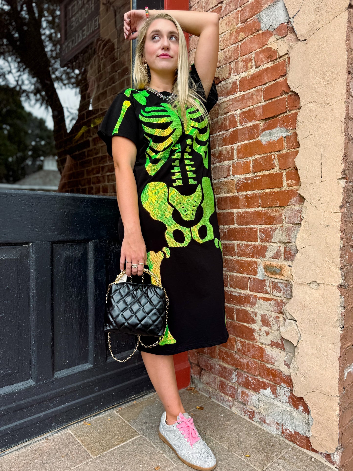 Black & Iridescent Green Skeleton Midi Tee Dress