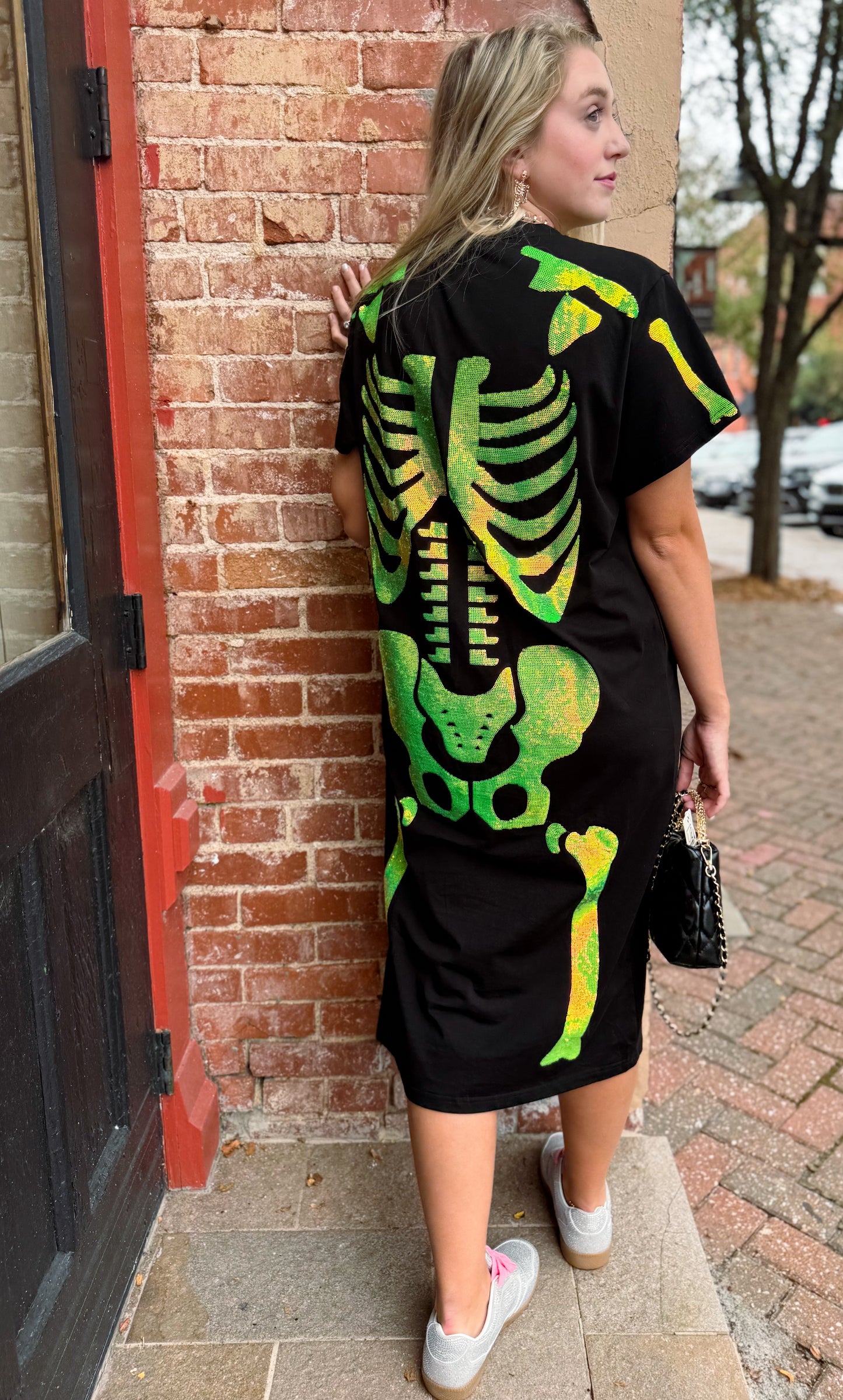 Black & Iridescent Green Skeleton Midi Tee Dress