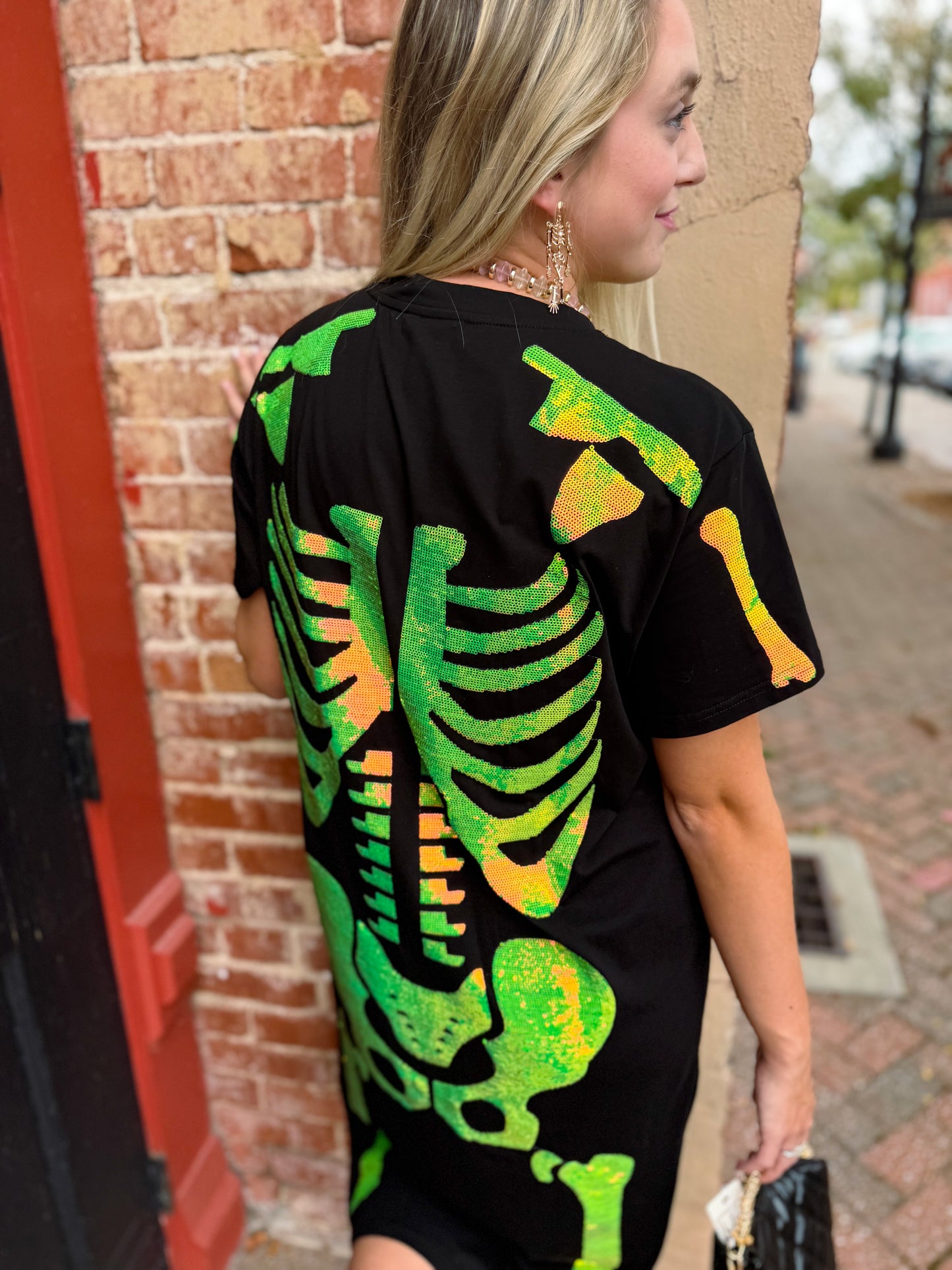 Black & Iridescent Green Skeleton Midi Tee Dress