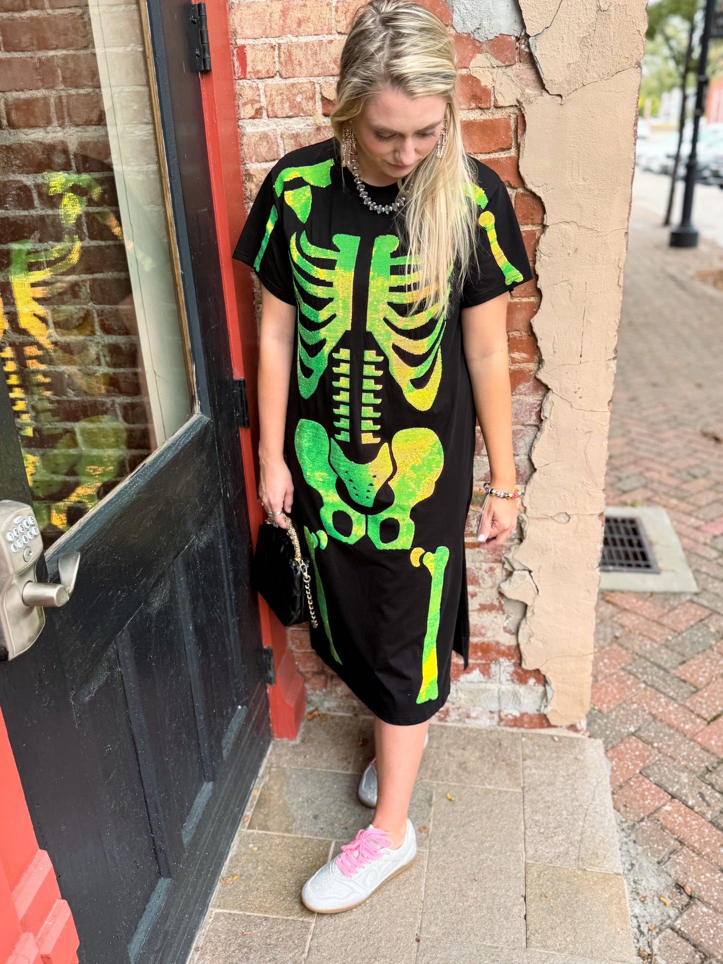 Black & Iridescent Green Skeleton Midi Tee Dress