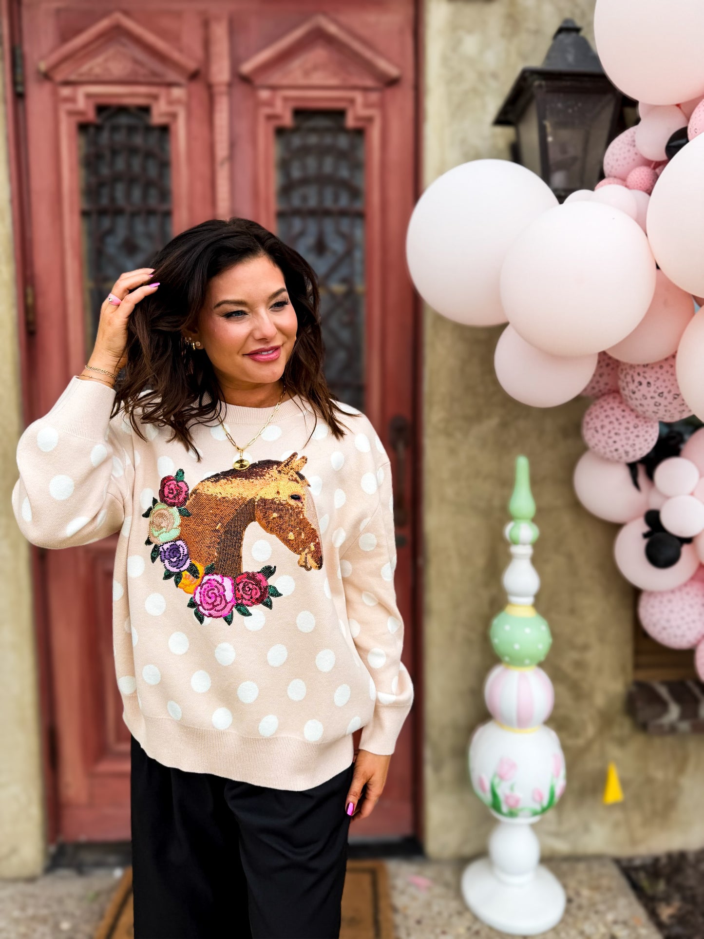 Polka Dot Horse & Rose Wreath Sweater
