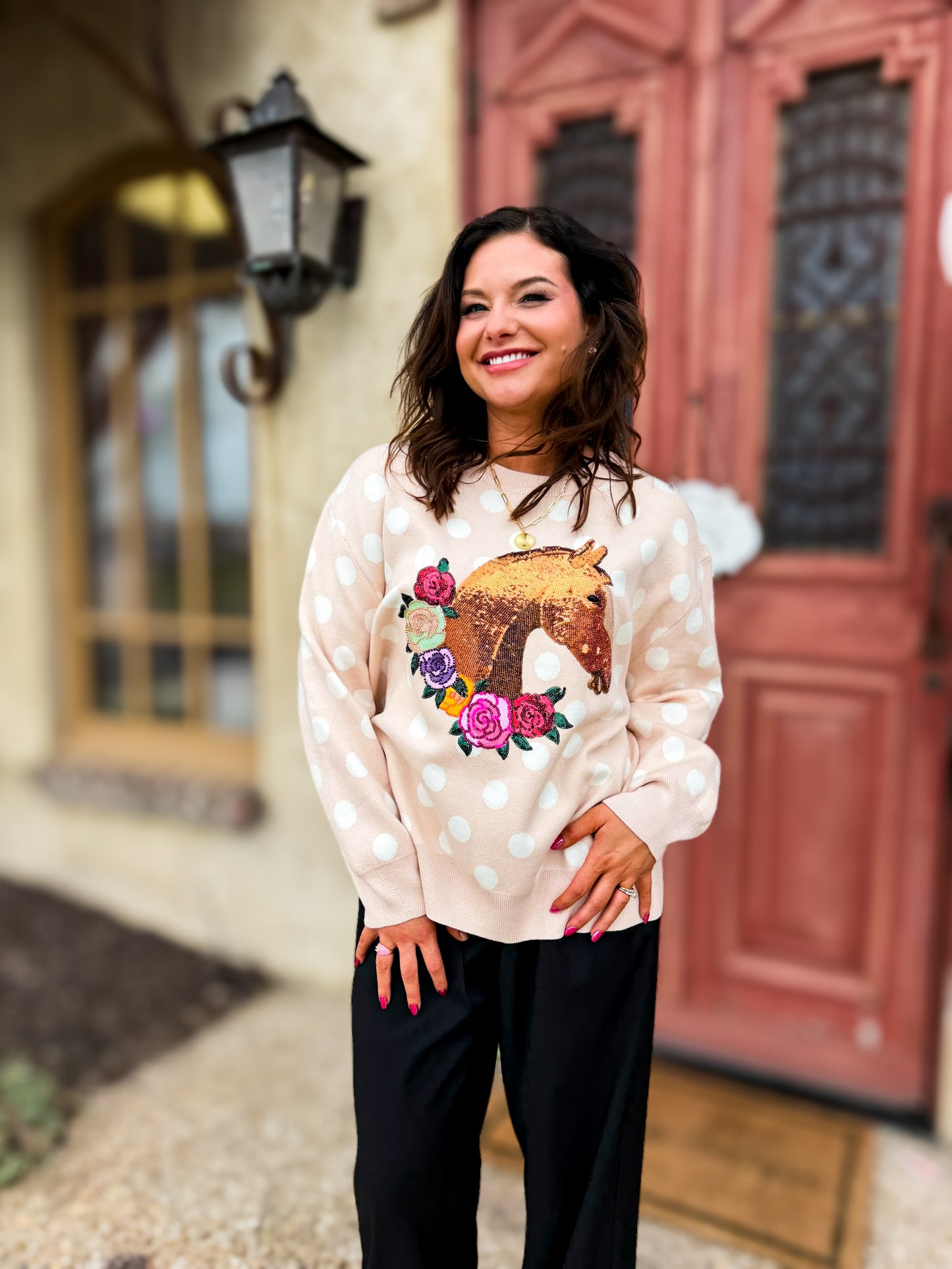Polka Dot Horse & Rose Wreath Sweater