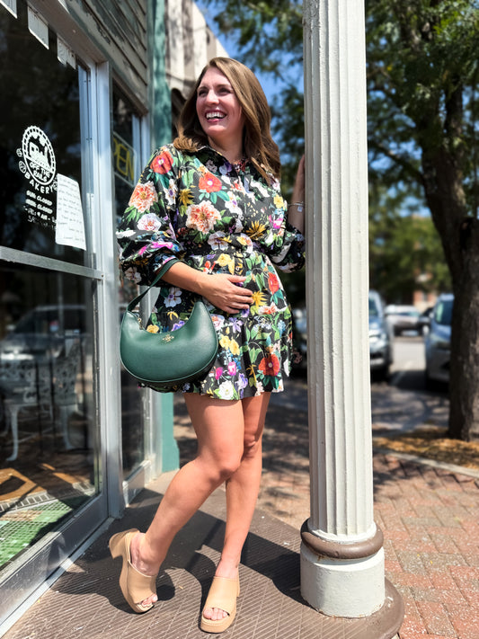 Midnight Garden Party Belted Mini Dress