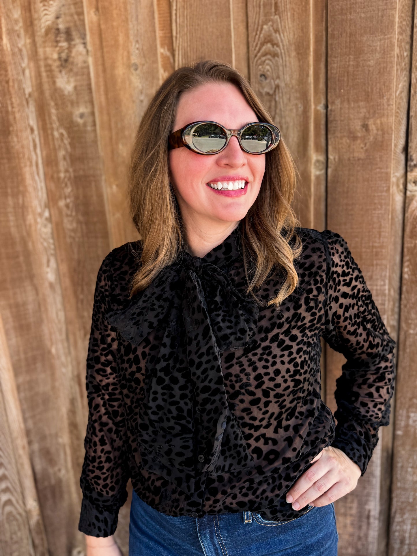 Leopard Burnout Velvet Button Down Bow Blouse
