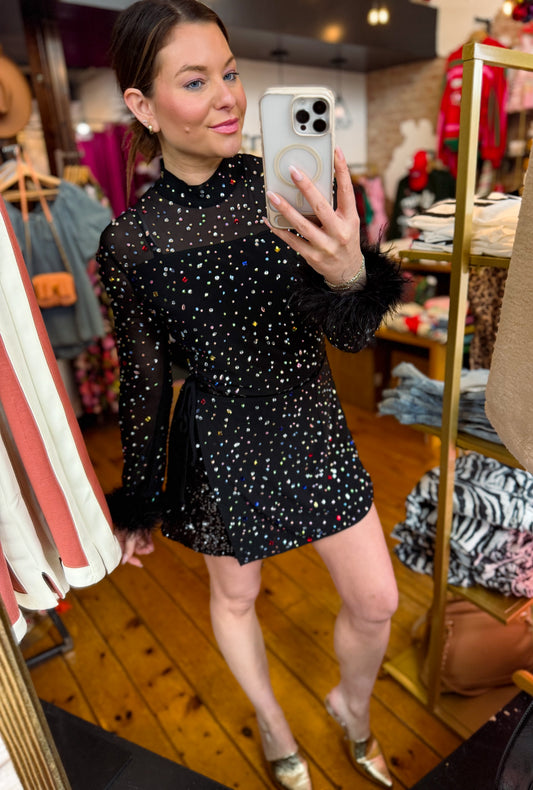 Black Feather Sleeve Multi Rhinestone Sequin Short Romper