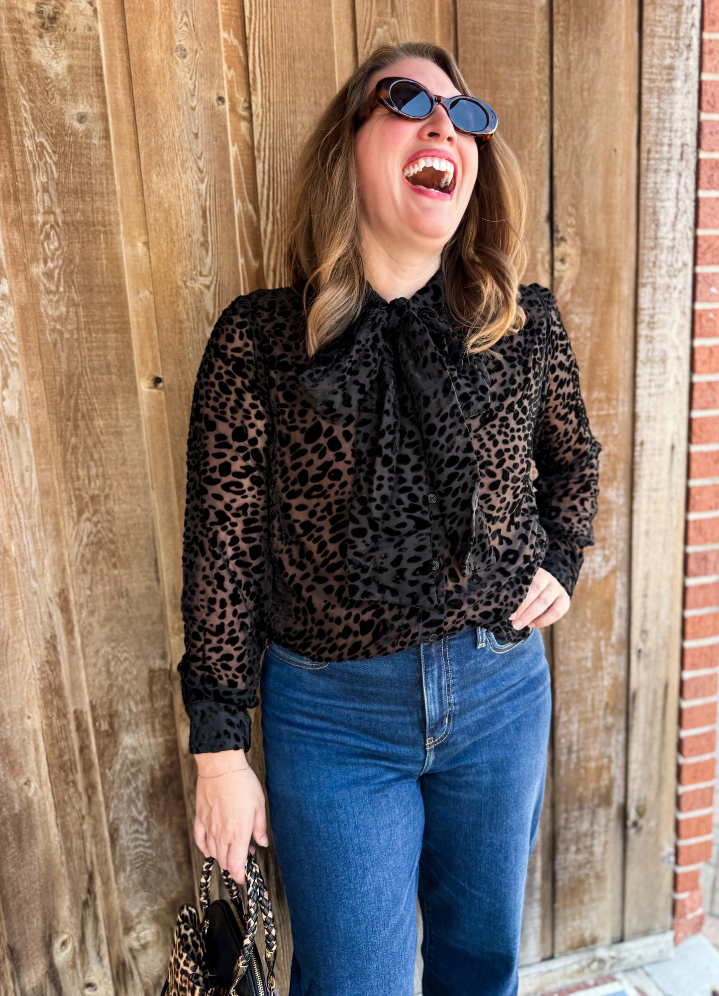 Leopard Burnout Velvet Button Down Bow Blouse