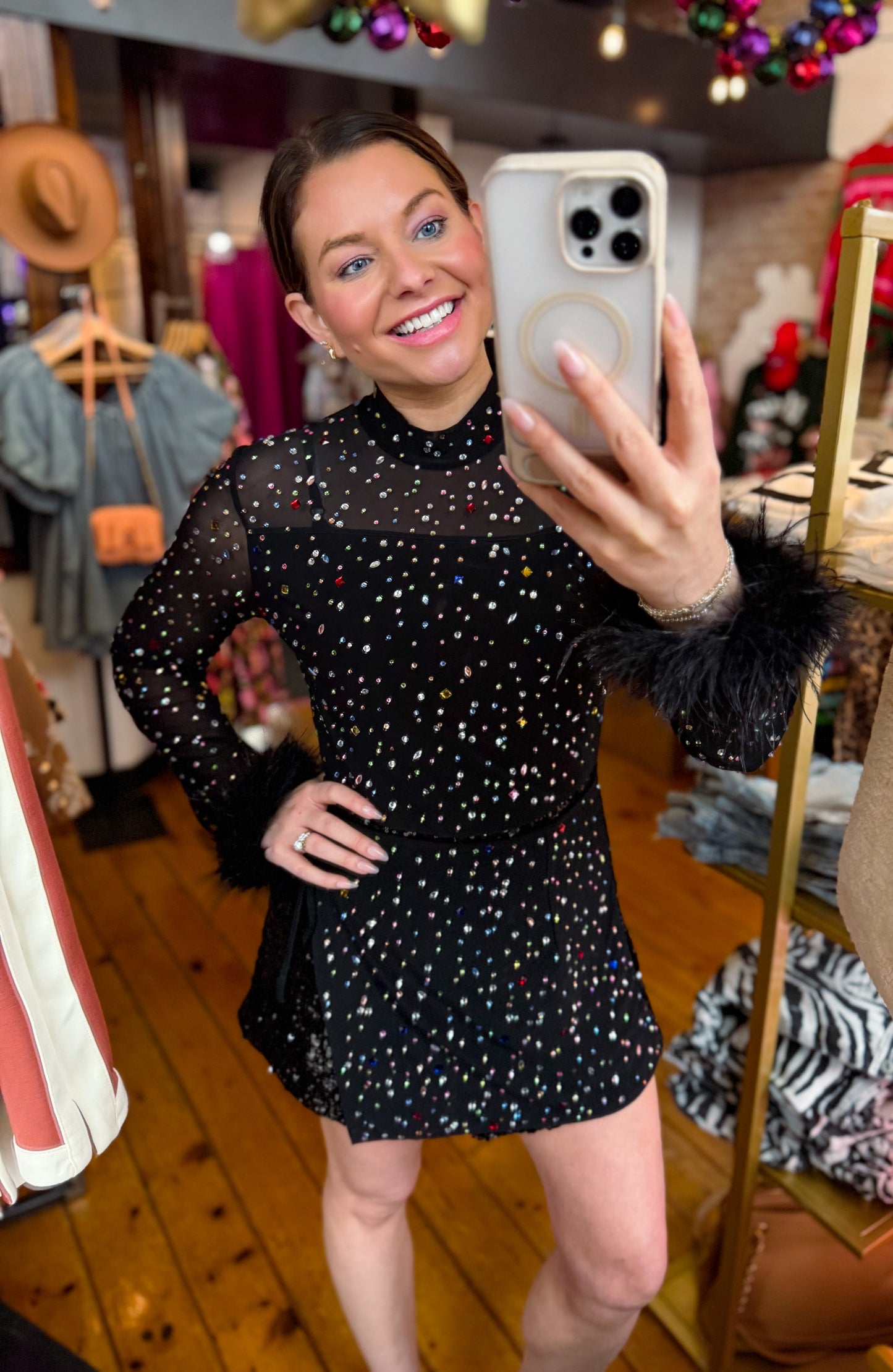 Black Feather Sleeve Multi Rhinestone Sequin Short Romper