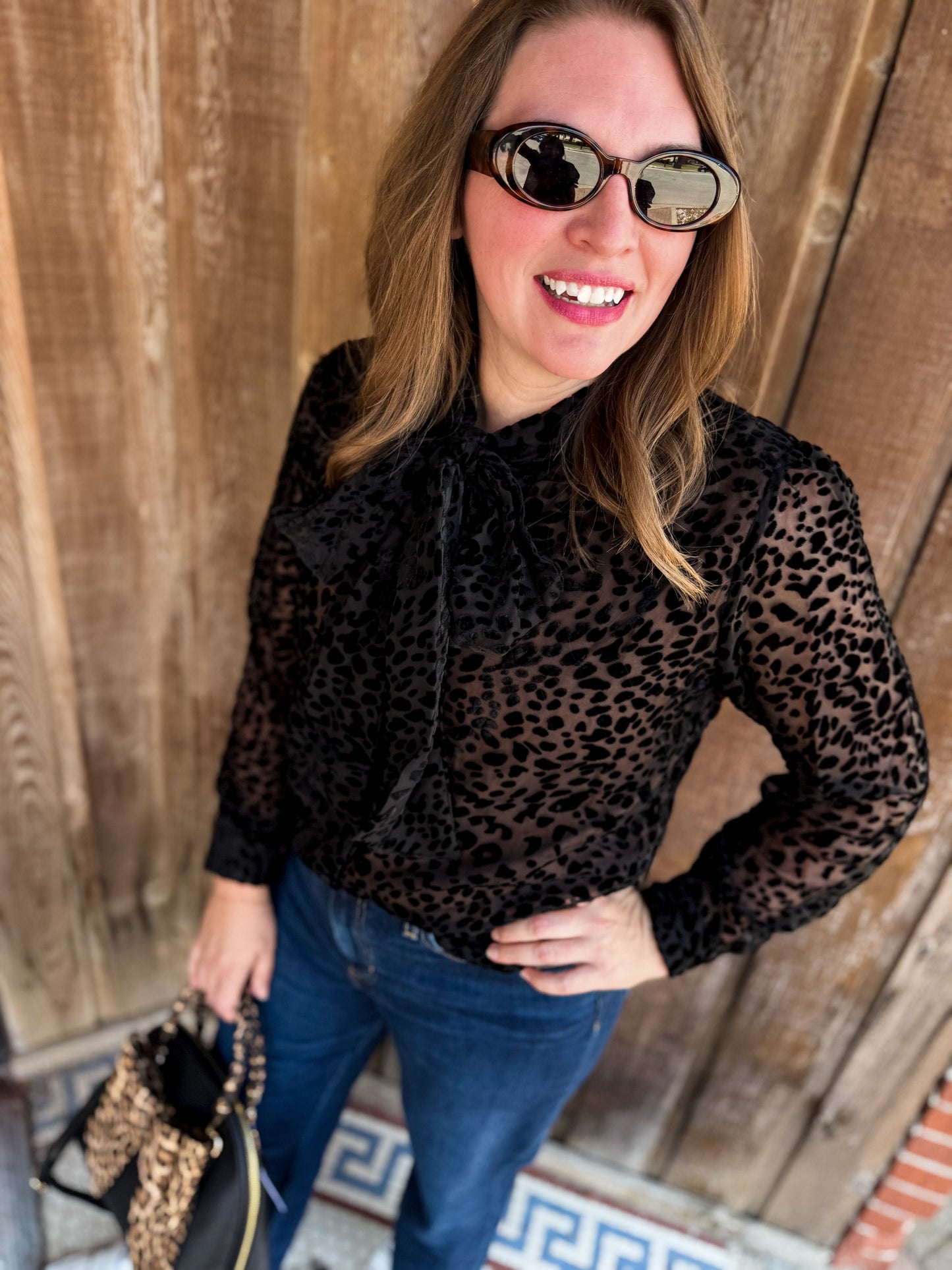 Leopard Burnout Velvet Button Down Bow Blouse