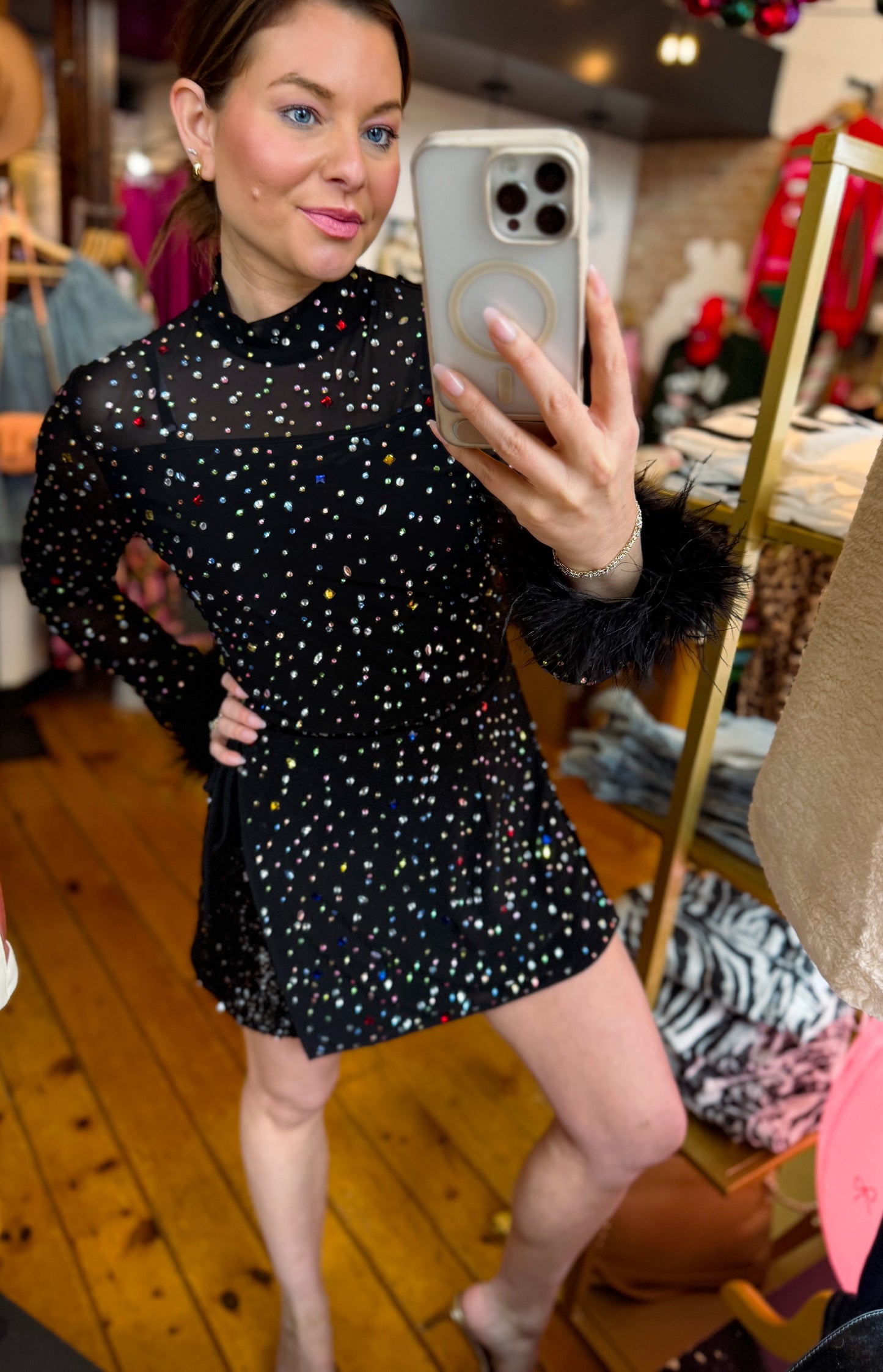 Black Feather Sleeve Multi Rhinestone Sequin Short Romper