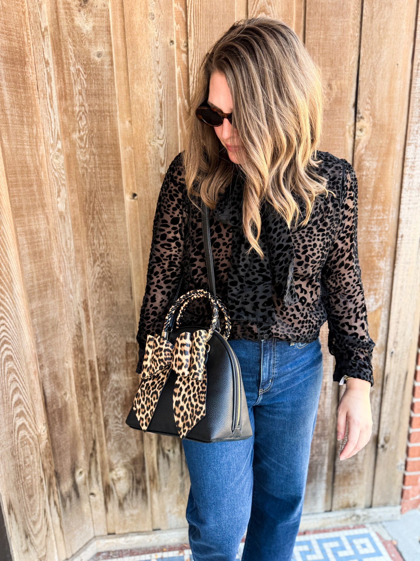 Leopard Burnout Velvet Button Down Bow Blouse