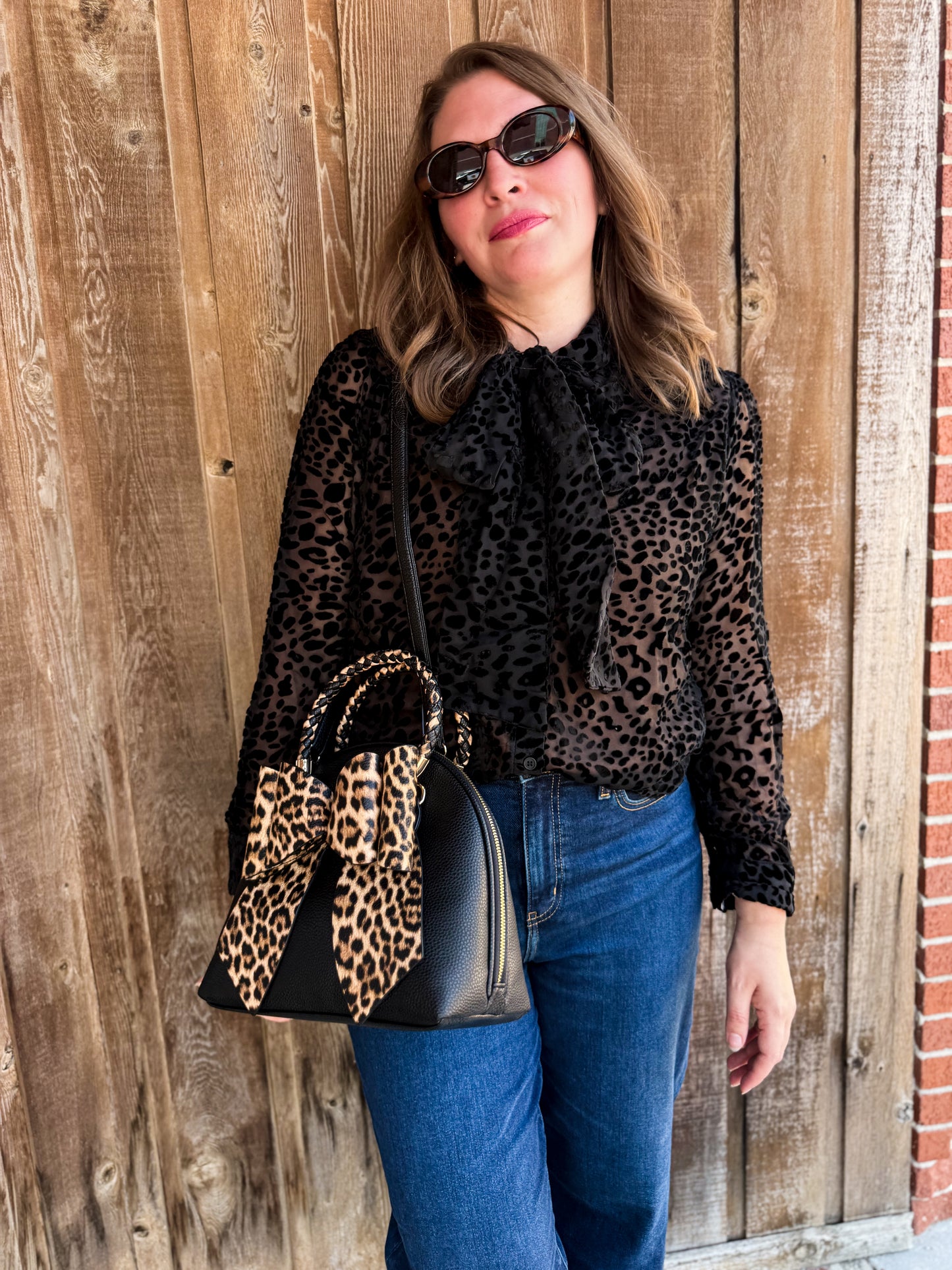 Leopard Burnout Velvet Button Down Bow Blouse