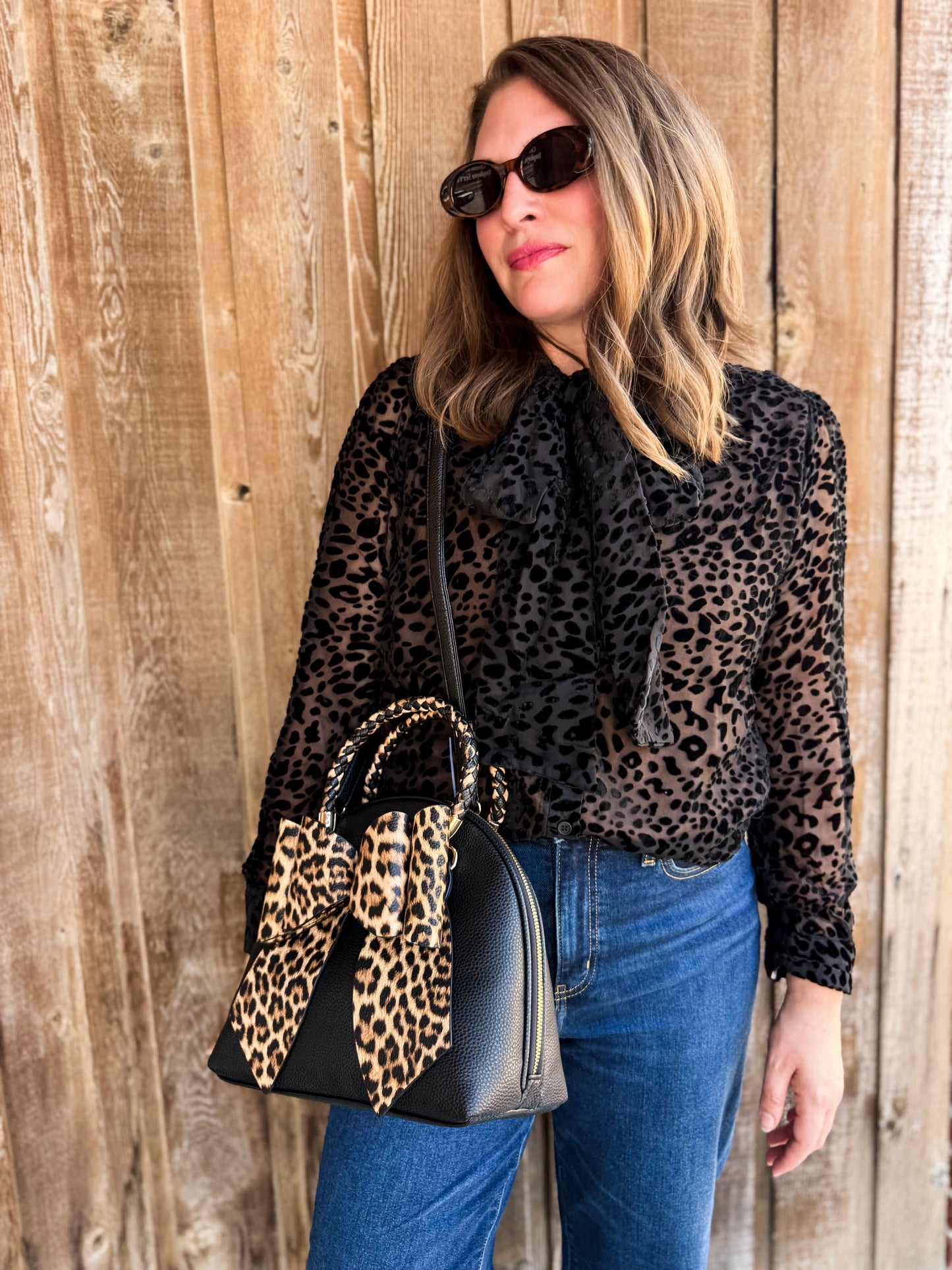 Leopard Burnout Velvet Button Down Bow Blouse