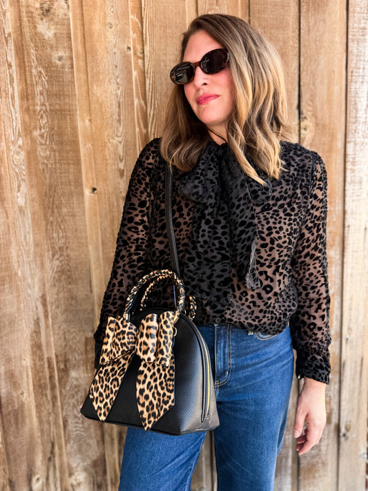 Leopard Burnout Velvet Button Down Bow Blouse
