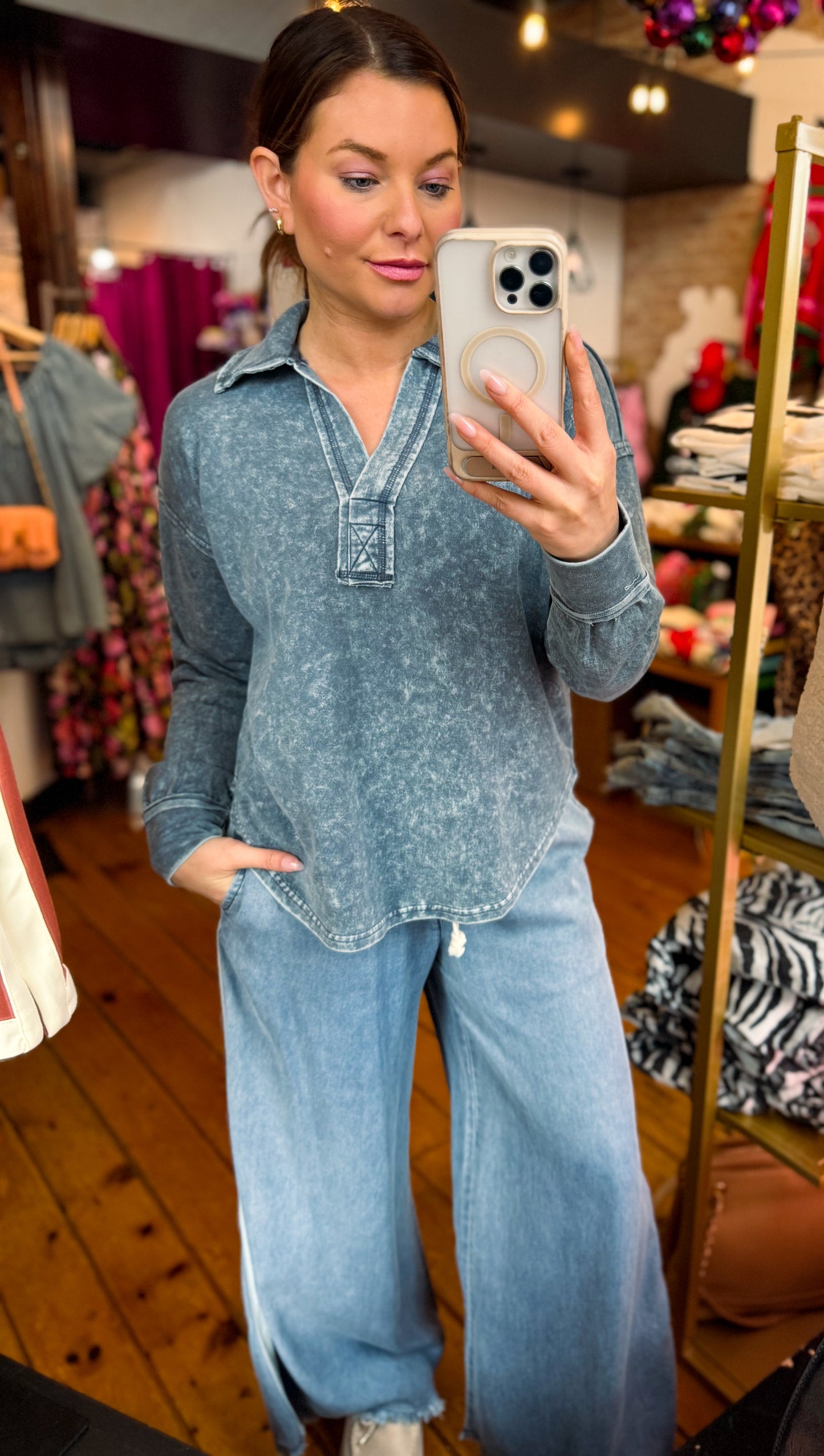 Washed Denim Collared Long Sleeve Knit Top