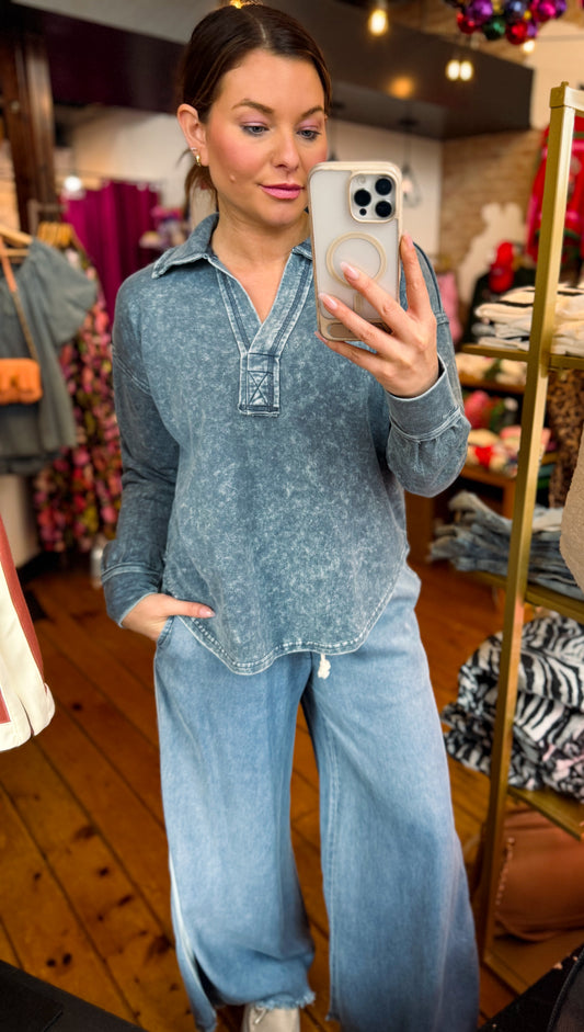 Washed Denim Collared Long Sleeve Knit Top