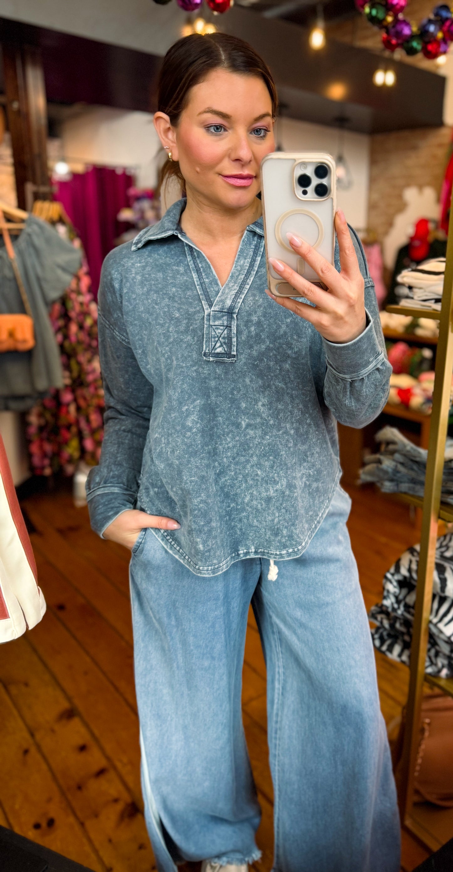 Washed Denim Collared Long Sleeve Knit Top