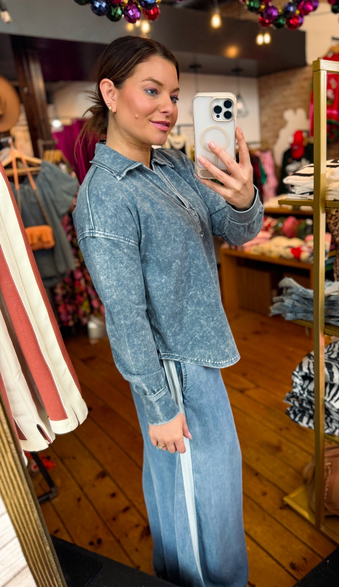 Washed Denim Collared Long Sleeve Knit Top