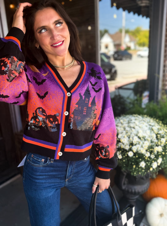 Queen of Sparkles Purple Halloween Scene Cardigan